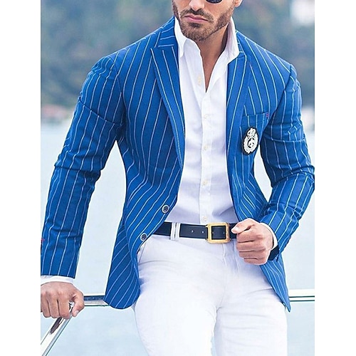 

Men's Cocktail Attire Blazer Business Formal Evening Wedding Party Only tops Fashion Casual Spring & Fall Polyester Stripes Pocket Casual / Daily Single Breasted Blazer Blue