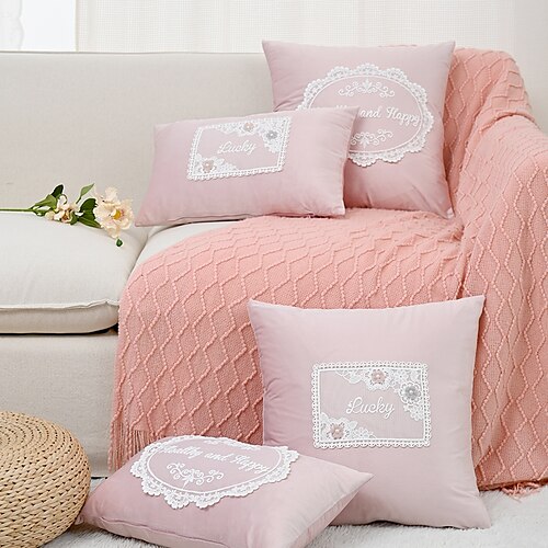 

Pink Embroidery Pillow Cover Pastoral Geometric Boho for Bedroom Livingroom Sofa Couch Chair