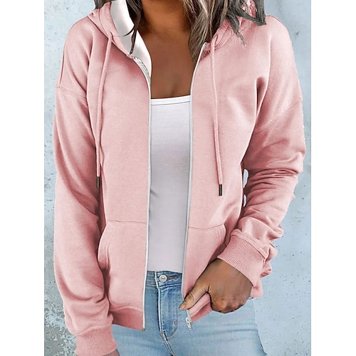 Women's Oversized Zip Up Hoodie Sweatshirt Solid Color Casual Sports Drawstring Zip Up Front Pocket Black Yellow Pink Active Sportswear Neon & Bright Hoodie Long Sleeve Top Micro-elastic Fall & Winter