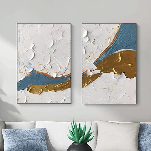 

White And Gold Textured Wall Art White Blue Minimalist Textured Oil Painting Large Canvas Wall Art Set Of 2 Painting Home Wall Art Gift (No Frame)