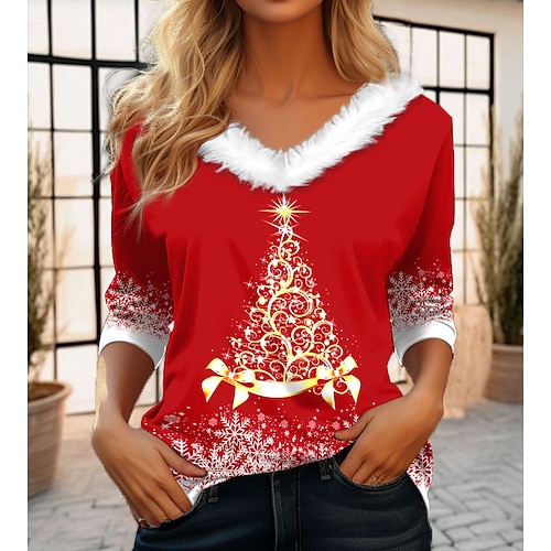 

Damen T Shirt Weihnachts-Shirt Rosa Rote Blau Weihnachtsbaum Bedruckt Langarm Party Weihnachten Wochenende Fest / Feiertage Druck Weihnachten Pelzkragen V Ausschnitt Regular Fit Farbe Herbst Winter