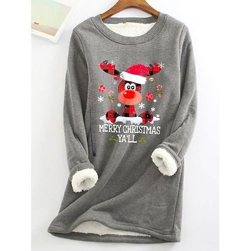 

Women's Pullover Christmas Sweatshirt Fleece Funny Fuzzy Teddy Gray Plaid Reindeer Christmas Casual Round Neck Long Sleeve Top Micro-elastic Fall Winter