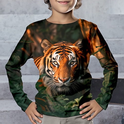 

Para Meninos 3D Tigre Camiseta Manga Longa Impressão 3D Outono Inverno Esportes Moda Roupa de rua Poliéster Infantil 3-12 anos Gola Redonda Ao ar livre Casual Diário Normal