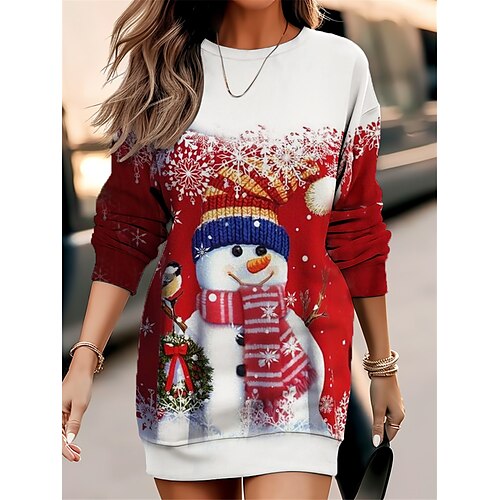 

femme Noël tenue décontractée robe sweat mini robe chaud mode extérieur vacances col rond imprimé bonhomme de neige coupe ample rose rouge vert s m l xl xxl