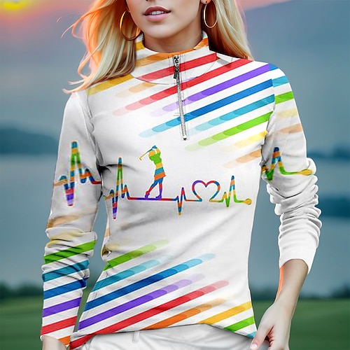 

Women's Polo Shirt Golf Shirt Breathable Quick Dry Moisture Wicking Long Sleeve Golf Apparel Golf Clothes Regular Fit Zipper Stand Collar Stripe Printed Spring Autumn Tennis Golf Pickleball