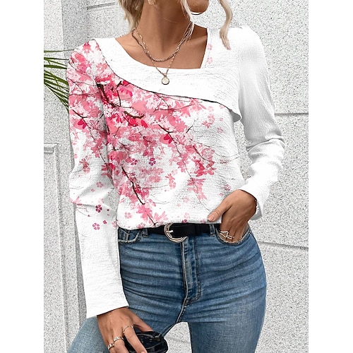 

Mulheres Camiseta Rosa Floral Imprimir Manga Longa Feriado Final de semana Moda Decote V Normal Tema Flores Pintura Primavera Outono