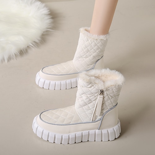 

Mulheres Botas Botas de Neve Tamanhos Grandes Diário Forrada com Fleece Botas Botas Tornozelo Plataforma Ponta Redonda Felpudo Casual Conforto Couro Ecológico zíper Côr Sólida Preto Branco