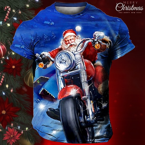 

мужская рубашка с рисунком, футболка Санта-Клауса, повседневная, дизайнерская, ретро, винтаж, 3d принт, спортивная, на открытом воздухе, праздник, синяя, веселый хлопок