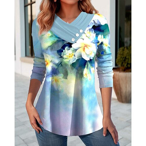 

Femme T shirt Tee Rose Claire Bleu Violet Floral Bouton Imprimer manche longue Vacances Fin de semaine Mode Col V Standard Fleur Peinture Printemps Automne