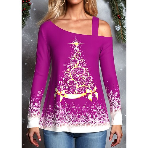 

Mujer Camiseta Camisa de Navidad Negro Rojo Morado Árbol de Navidad Copo Estampado Manga Larga Navidad Fin de semana Festival / Vacaciones Cuello diagonal Ajuste regular Pintura Primavera Otoño