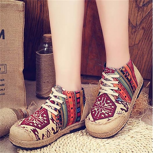 

Femme Bottes Espadrilles Chaussures de confort Extérieur du quotidien Plage Bottines Bottines Talon Plat Bout rond Rétro Vintage Confort Bohême Toile Lacet Bloc de couleur Rouge Bleu