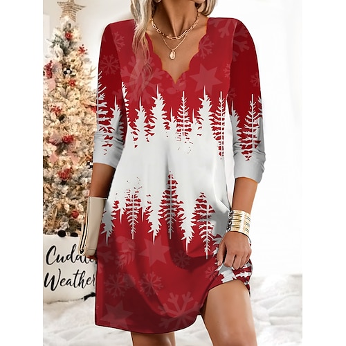 

robe de travail de Noël pour femme robe décontractée mode robe d'hiver quotidien mini robe imprimé col en V manches longues bonhomme de neige arbre coupe régulière blanc vin vert automne hiver s m l