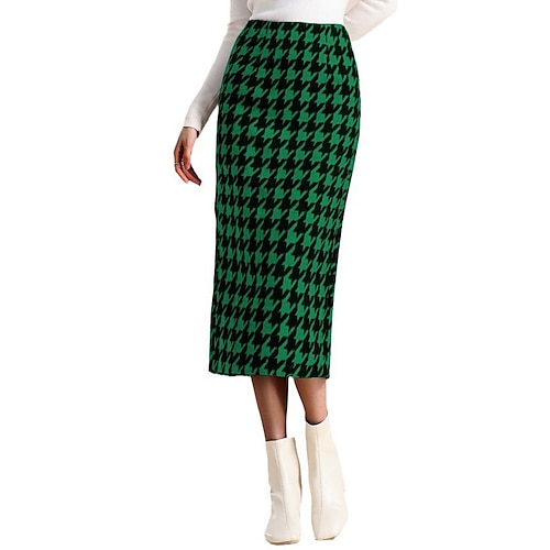 

Falda a cuadros ajustada para mujer falda midi de poliéster tweed negro-blanco faldas verdes otoñoamp; invierno largo puntas abiertas estampado vintage elegante diario fecha m l xl