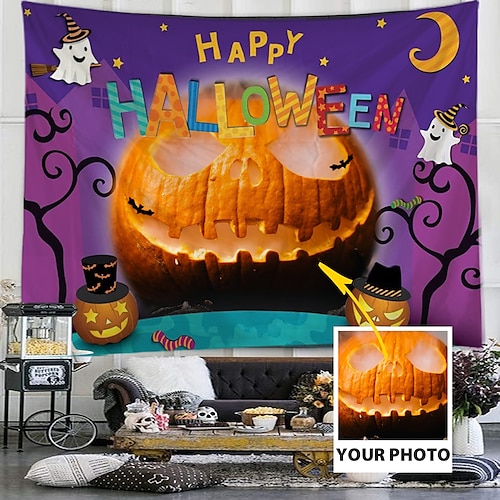 

Decorações de Halloween personalizadas tapeçaria suspensa com sua foto arte de parede decoração mural fotografia cenário casa quarto decoração de sala de estar (sugerir definição de foto 3 meses ou