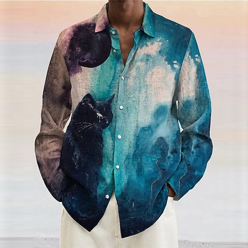 

Gato Vintage Abstracto Góticas Homens Camisa Social camisa de linho Ao ar livre dia das Bruxas Rua Outono inverno Aberto para a Lateral Manga Longa Azul Royal Azul Laranja S M L Linho Camisa