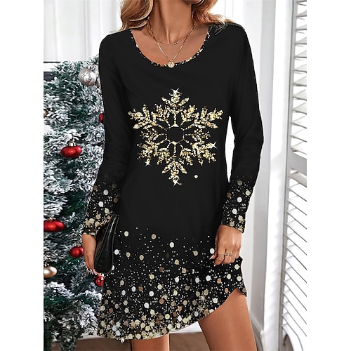 

Women's Casual Dress Christmas Dress T Shirt Dress Tee Dress Christmas Tree Snowflake Print V Neck Mini Dress Fashion Streetwear Outdoor Christmas Long Sleeve Loose Fit Black Yellow Orange Fall Winter