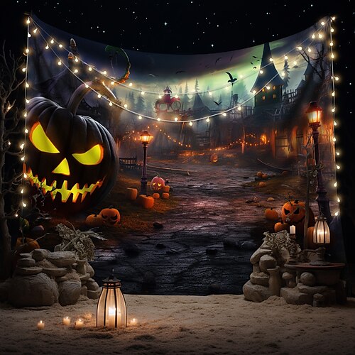  halloween dekorasjoner billedvev jack o lanterne gresskar dekor veggkunst stor hengende billedvev veggmaleri fotografi bakteppe teppe gardin hjem soverom stue flaggermus hjemsøkt hus kirkegård