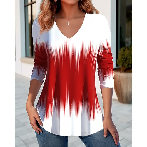 

Mujer Camiseta Rojo Bloque de color Estampado Manga Larga Diario Fin de semana Básico Escote en Pico Ajuste regular Pintura Primavera Otoño