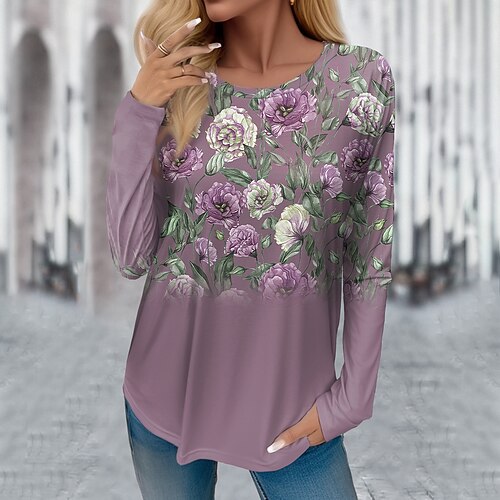 

Mulheres Camiseta Rosa Vermelho Roxo Floral Imprimir Manga Longa Feriado Final de semana Moda Decote Redondo Normal Tema Flores Pintura Primavera Outono