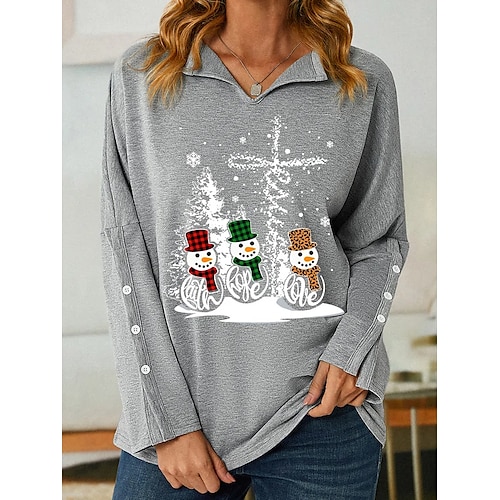 

Women's T shirt Tee Christmas Shirt Black Red Purple Snowman Print Long Sleeve Christmas Weekend Festival / Holiday V Neck Regular Fit Painting Spring Fall