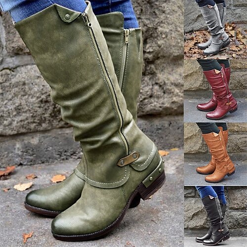 

Femme Bottes Bottes Moto Grandes Tailles Extérieur du quotidien Bottes genou Talon Bottier Bout rond Rétro Vintage Classique Décontractées Polyuréthane Lacet Couleur unie Vin Noir Kaki