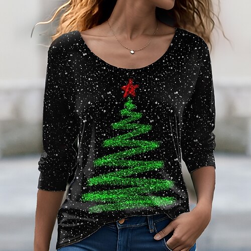 

Mujer Camiseta Camisa de Navidad Negro Árbol de Navidad Estampado Manga Larga Navidad Fin de semana Festival / Vacaciones Escote Redondo Ajuste regular Pintura Primavera Otoño