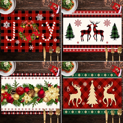 

Tapis de repas de noël rouge, tapis de tasse domestique de style nordique, bol et assiette isolés, tapis de repas occidental évidé, tapis de table transfrontalier