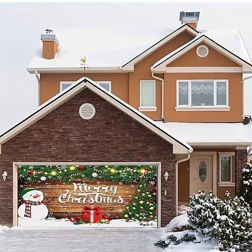 

Muñeco de nieve de Navidad, cubierta de puerta de garaje al aire libre, decoración de pancarta, cubierta de garaje de Navidad grande para interiores, suministros para fiestas al aire libre, adornos de