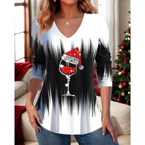 

Femme T shirt Tee Chemise de Noël Noir Blanche Verre de vin Strass Imprimer manche longue Noël Fin de semaine Fête / Célébration Col V Standard Peinture Printemps Automne