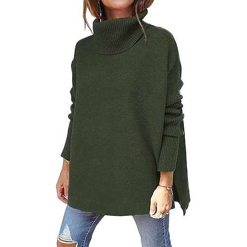 

Women's Pullover Sweater Jumper Stylish Casual Soft Solid Color Ribbed Turtleneck Patchwork Long Sleeve Regular Tops Knit Daily Going out Weekend claret Black Fall Winter