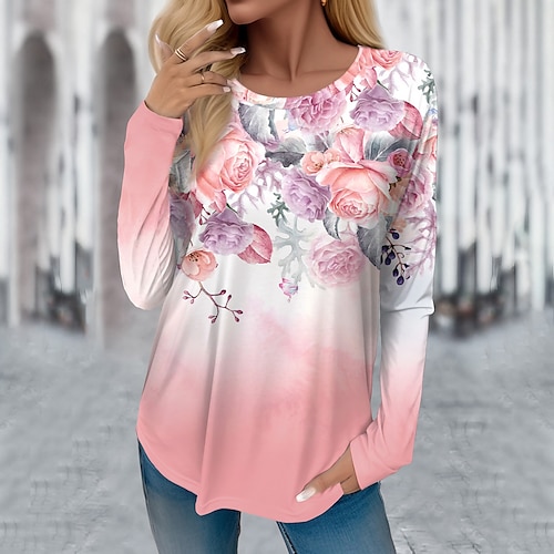 

Femme T shirt Tee Jaune Rose Claire Bleu Floral Imprimer manche longue Vacances Fin de semaine Mode Col Rond Standard Fleur Peinture Printemps Automne