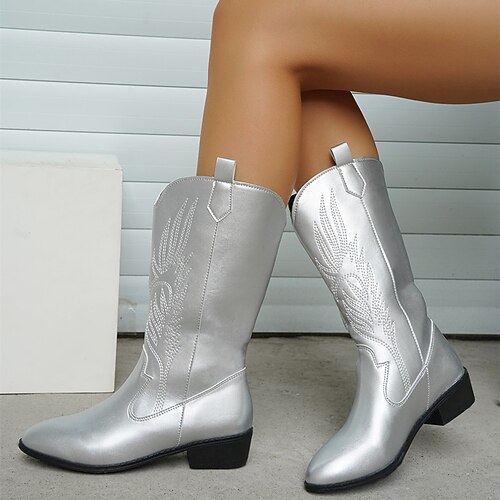 

Women's Boots Metallic Boots Plus Size Outdoor Daily Mid Calf Boots Block Heel Pointed Toe Vintage Casual Minimalism PU Loafer Floral Silver