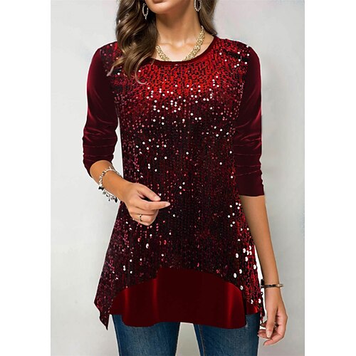 

Femme T shirt Tee Rouge Vert Plein Scintillant Paillettes manche longue du quotidien Fin de semaine basique Col Rond Standard Printemps Automne