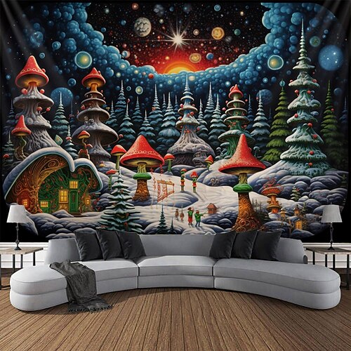 

Tapisserie de Noël à lumière noire réactive aux UV, lueur dans la neige sombre, montagne trippy, champignon brumeux, arbre nature, paysage, tapisserie murale à suspendre pour salon, chambre à coucher