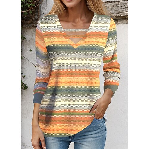 

Women's T shirt Tee Yellow Pink Blue Striped Print Long Sleeve Daily Weekend Fashion V Neck Regular Fit Painting Spring Fall