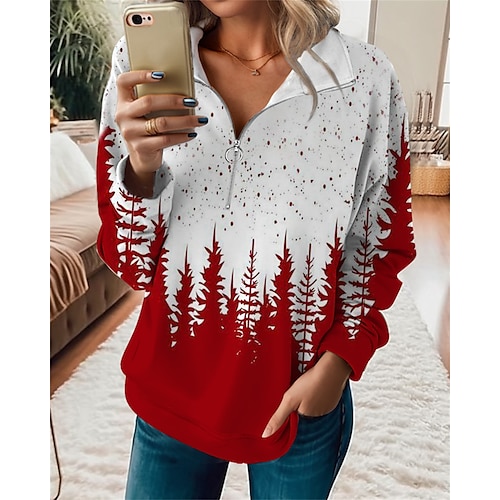 

Femme Sweat Sweat-shirt de Noël Vêtement de sport Festival Quarter Zip Noir Rouge Vert Graphic Noël Casual Col V manche longue haut Micro-élastique Automne hiver