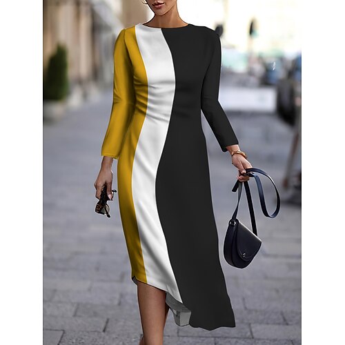 

robe de travail de Noël pour femme robe décontractée robe semi-formelle mode robe d'hiver robe midi quotidienne imprimé col rond manches longues géométrique bloc de couleur mince noir jaune orange