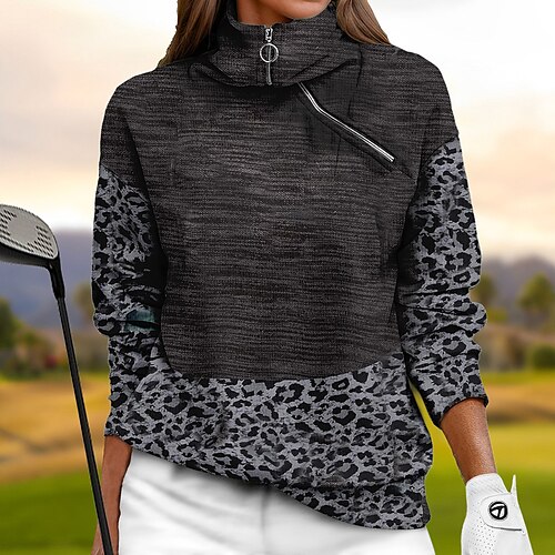 

Damen Golf-Hoodie Golfpullover Golf-Sweatshirt warm Atmungsaktiv Feuchtigkeitsableitung Langarm Golf-Oberbekleidung Shirt Regular Fit 1/4 Reißverschluss Stehkragen Leopard Frühling Herbst Tennis