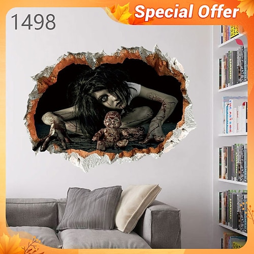 

3D Halloween Terror Lifelike Broken Wall Female ghost and male ghost Wall Stickers Removable Home Decoration Living Room Entrance Sofa Background Bedroom Study Mall Specific Scene Wall Stickers