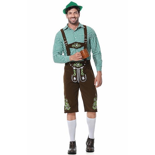  Μπύρα Oktoberfest Lederhosen Πουκάμισο βαυάρος βαυάρος Γερμανικά Λιβάδια Ανδρικά Πανί παραδοσιακού στυλ Μπλούζα Κοντά Παντελονάκια Καπέλο