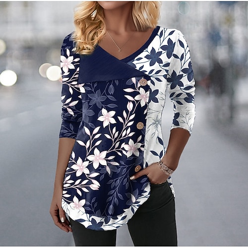 

Mujer Camiseta Negro Azul Piscina Morado Floral Estampado Manga Larga Festivos Fin de semana Moda Escote en Pico Ajuste regular Flor Pintura Primavera Otoño