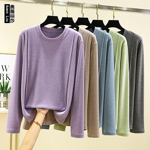 

Femme T shirt Tee Bleu Violet Vert Plein manche longue du quotidien Fin de semaine Mode Col Rond Standard Automne hiver