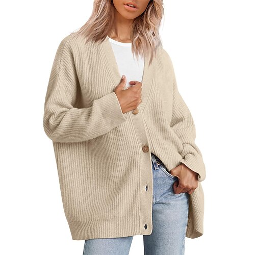 

Gilet Cardigan Maille Femme A côtes Tricoter Normal Bouton Couleur unie Col V mode Décontractées du quotidien Sortie manche longue Automne Hiver Noir Blanche S M L