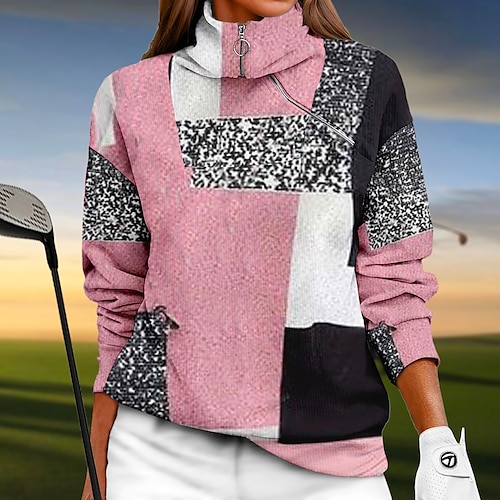 

Damen Golf-Hoodie Golfpullover Golf-Sweatshirt warm Atmungsaktiv Feuchtigkeitsableitung Langarm Golf-Oberbekleidung Shirt Regular Fit 1/4 Reißverschluss Stehkragen Farbblock Frühling Herbst Tennis