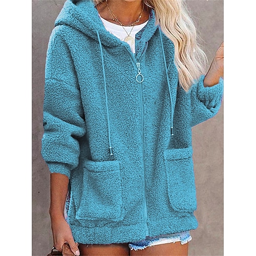 

Women's Teddy Coat Street Vacation Going out Fall Winter Regular Coat Regular Fit Warm Breathable Stylish Casual Daily Casual Jacket Long Sleeve Plain with Pockets Black Blue