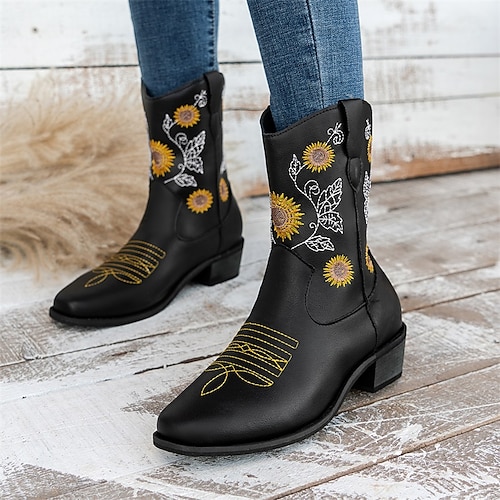 

Damen Stiefel Cowboy Westernstiefel Übergrössen Cowgirl-Stiefel Outdoor Arbeit Täglich Stiefel mit mittlerer Wade Winter Stickerei Blockabsatz Spitze Zehe Modisch Elegant Klassisch PU Blumen Schwarz