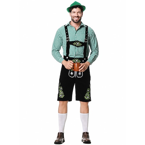  Μπύρα Oktoberfest Lederhosen Πουκάμισο βαυάρος βαυάρος Γερμανικά Λιβάδια Ανδρικά Πανί παραδοσιακού στυλ Μπλούζα Κοντά Παντελονάκια Καπέλο
