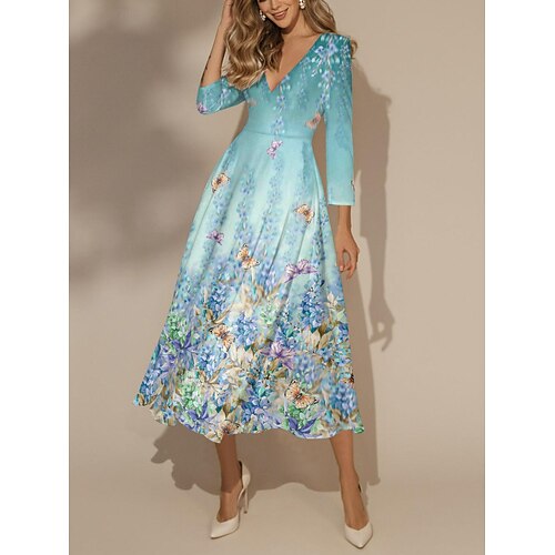 

Damen Lässiges Kleid Schaukelkleid Blumenkleid Blumen Bedruckt V Ausschnitt kleid lang Modisch Strassenmode Outdoor Urlaub 3/4 Ärmel Regular Fit Rosa Blau Purpur Frühling Herbst S M L XL XXL