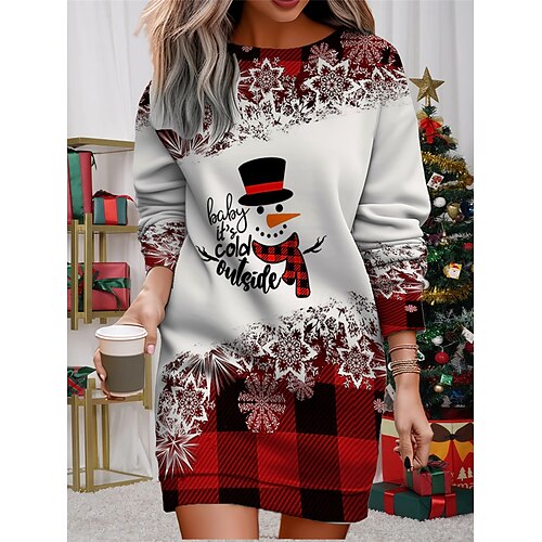 

femme Noël tenue décontractée robe sweat mini robe chaud mode extérieur vacances col rond imprimé père Noël bonhomme de neige coupe ample noir blanc vin s m l xl xxl