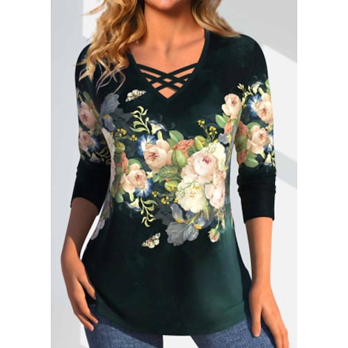 

Femme T shirt Tee Vert Floral Imprimer manche longue Vacances Fin de semaine Mode Col V Standard Fleur Peinture Printemps Automne